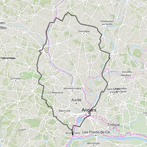 Miniature de la carte de l'inspiration cycliste "Parcours cycliste sur route autour d'Angers" dans la Pays de la Loire, France. Générée par le planificateur d'itinéraire cycliste Tarmacs.app