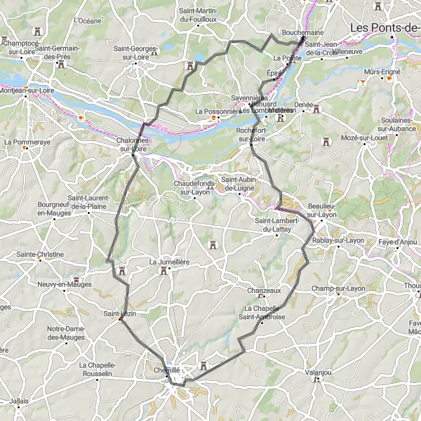 Map miniature of "The Château Route" cycling inspiration in Pays de la Loire, France. Generated by Tarmacs.app cycling route planner