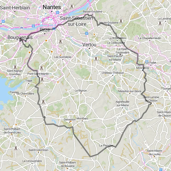 Map miniature of "Scenic Tour around Bouguenais" cycling inspiration in Pays de la Loire, France. Generated by Tarmacs.app cycling route planner