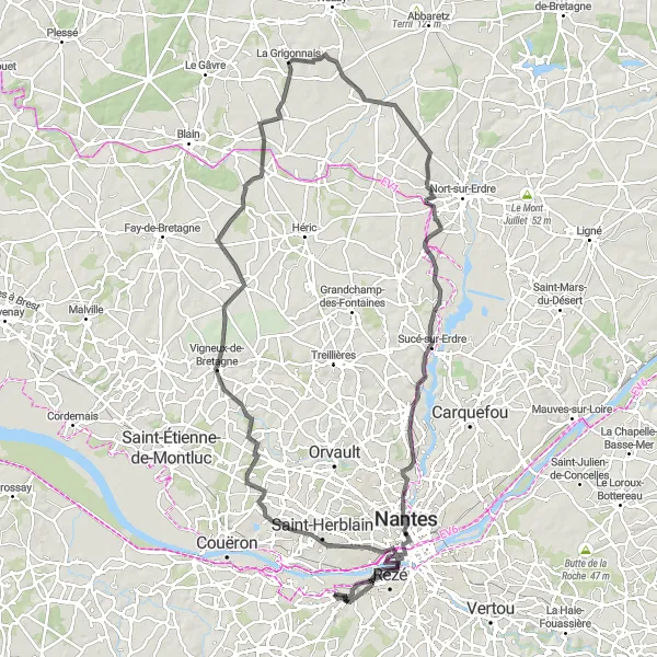 Map miniature of "Bouguenais to Nantes Loop" cycling inspiration in Pays de la Loire, France. Generated by Tarmacs.app cycling route planner