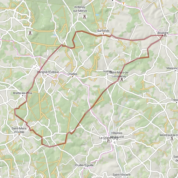 Map miniature of "Off-the-beaten-path gravel ride near Bouloire" cycling inspiration in Pays de la Loire, France. Generated by Tarmacs.app cycling route planner