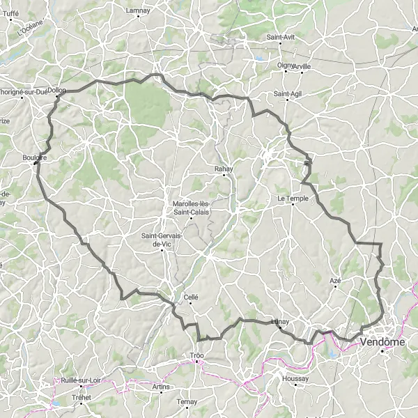 Map miniature of "Scenic road cycling loop from Bouloire" cycling inspiration in Pays de la Loire, France. Generated by Tarmacs.app cycling route planner
