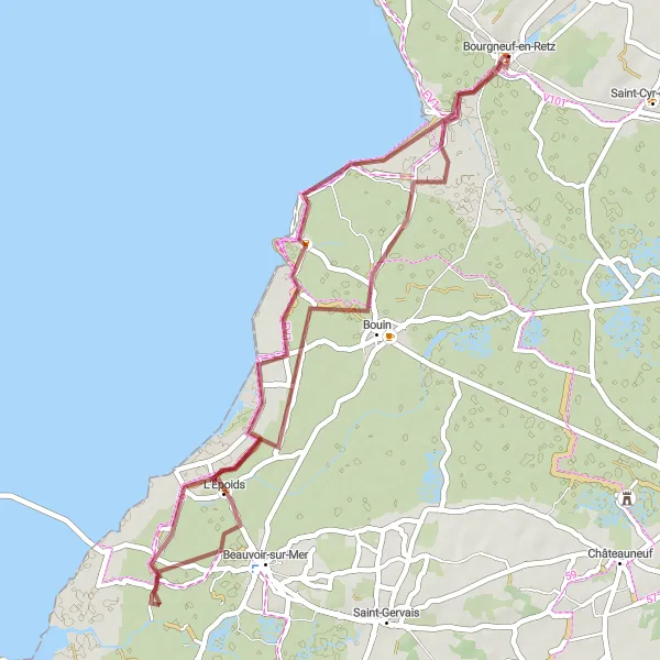 Miniature de la carte de l'inspiration cycliste "Tour de Bourgneuf-en-Retz" dans la Pays de la Loire, France. Générée par le planificateur d'itinéraire cycliste Tarmacs.app