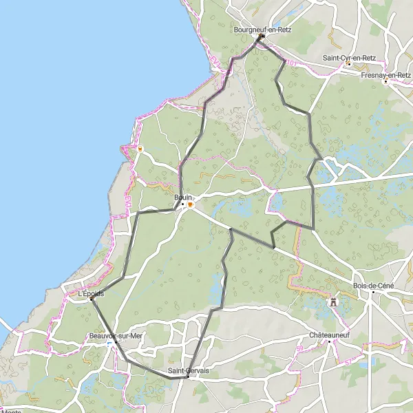 Map miniature of "Saint-Gervais - Bouin - Bourgneuf-en-Retz Loop" cycling inspiration in Pays de la Loire, France. Generated by Tarmacs.app cycling route planner