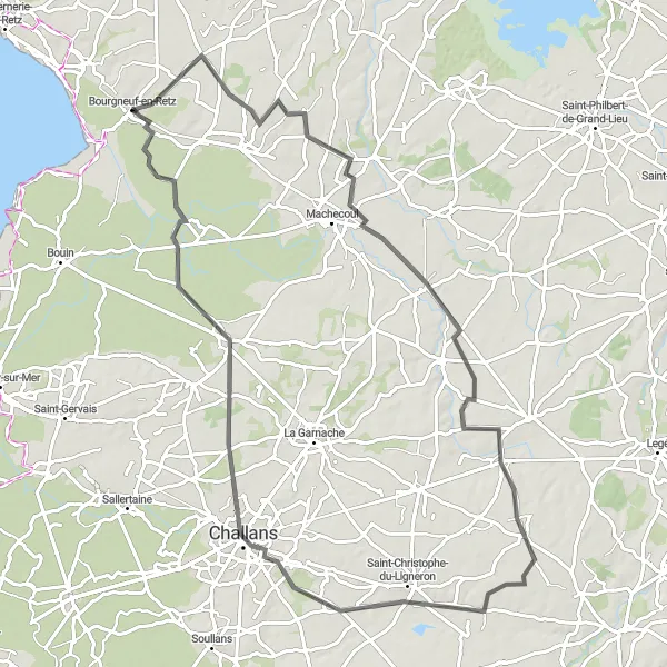 Map miniature of "Road Trip through the Countryside" cycling inspiration in Pays de la Loire, France. Generated by Tarmacs.app cycling route planner