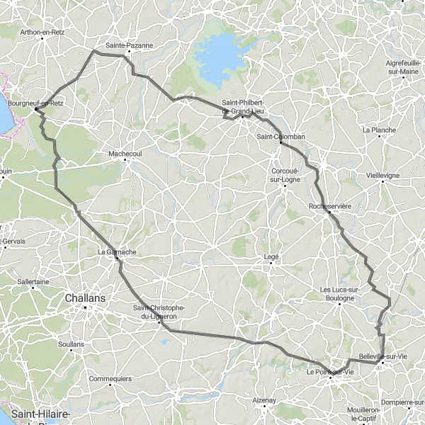 Miniature de la carte de l'inspiration cycliste "La Route des Clochers" dans la Pays de la Loire, France. Générée par le planificateur d'itinéraire cycliste Tarmacs.app