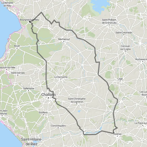 Map miniature of "Saint-Même-le-Tenu - Touvois - Palluau - Apremont - Château d'eau d'Apremont - Bourgneuf-en-Retz Loop" cycling inspiration in Pays de la Loire, France. Generated by Tarmacs.app cycling route planner