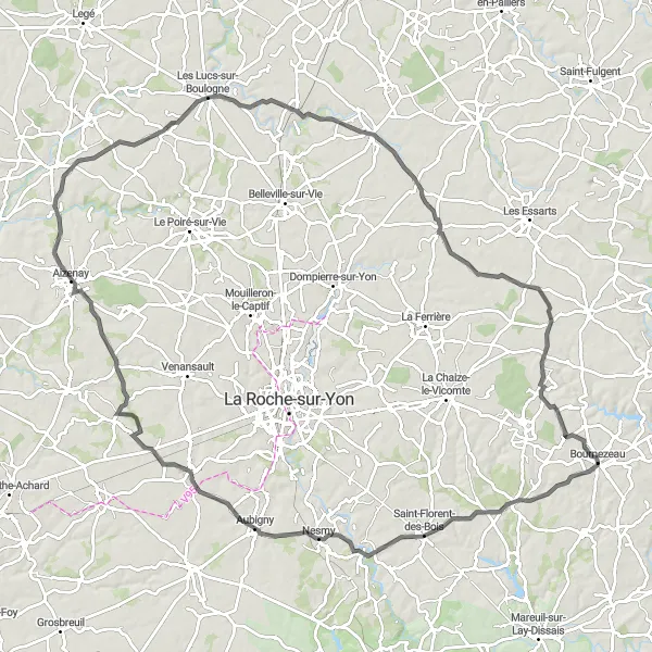 Map miniature of "Scenic Route from Bournezeau to Château de la Grève" cycling inspiration in Pays de la Loire, France. Generated by Tarmacs.app cycling route planner