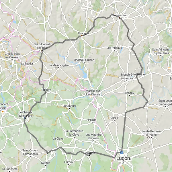 Map miniature of "Scenic ride around Bournezeau with Thorigny as a highlight" cycling inspiration in Pays de la Loire, France. Generated by Tarmacs.app cycling route planner