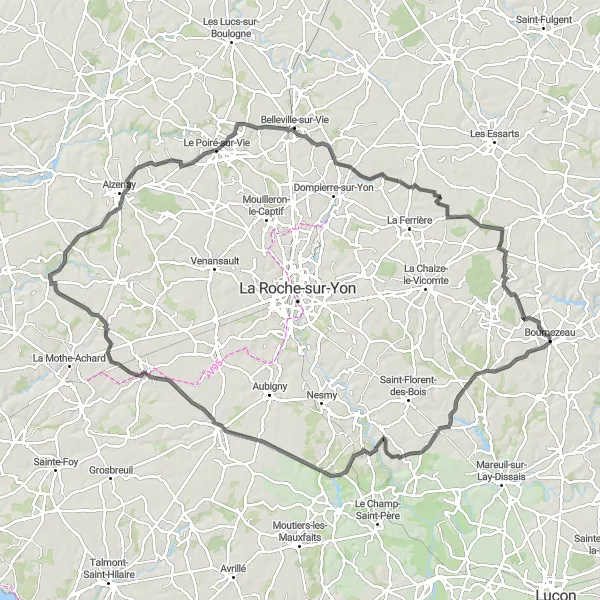 Map miniature of "Loop near Bournezeau via Château de la Grève" cycling inspiration in Pays de la Loire, France. Generated by Tarmacs.app cycling route planner