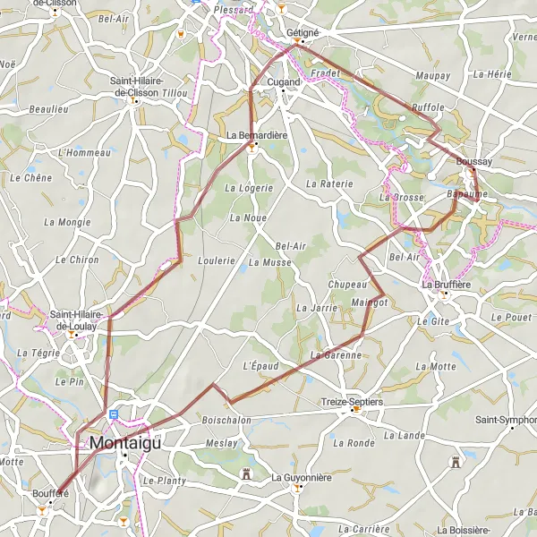 Map miniature of "Gravel Adventure: Boussay to Cugand" cycling inspiration in Pays de la Loire, France. Generated by Tarmacs.app cycling route planner