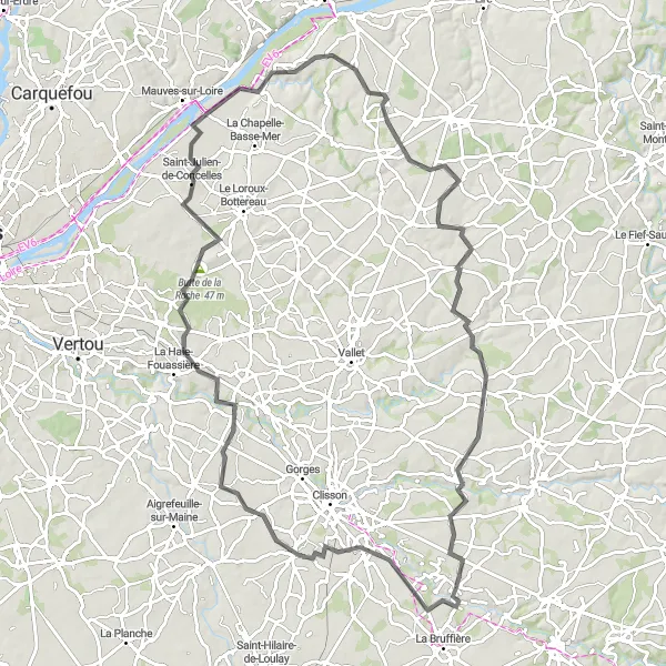 Map miniature of "Road Route from Boussay to Tillières" cycling inspiration in Pays de la Loire, France. Generated by Tarmacs.app cycling route planner