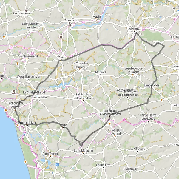 Map miniature of "Vendée Countryside Loop" cycling inspiration in Pays de la Loire, France. Generated by Tarmacs.app cycling route planner