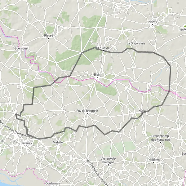 Miniature de la carte de l'inspiration cycliste "Escapade rurale depuis Campbon" dans la Pays de la Loire, France. Générée par le planificateur d'itinéraire cycliste Tarmacs.app