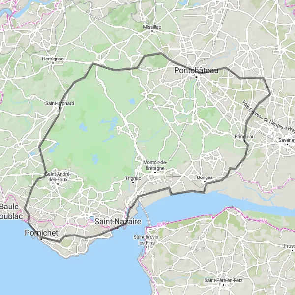 Map miniature of "Boucle à travers Saint-Nazaire et ses environs" cycling inspiration in Pays de la Loire, France. Generated by Tarmacs.app cycling route planner