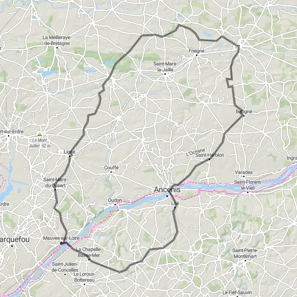 Miniature de la carte de l'inspiration cycliste "Les Vallées de la Loire" dans la Pays de la Loire, France. Générée par le planificateur d'itinéraire cycliste Tarmacs.app