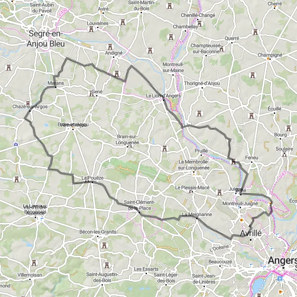 Map miniature of "The Road Adventure - Cantenay-Épinard Loop" cycling inspiration in Pays de la Loire, France. Generated by Tarmacs.app cycling route planner