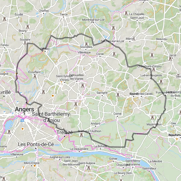 Map miniature of "Journey through Historic Roads" cycling inspiration in Pays de la Loire, France. Generated by Tarmacs.app cycling route planner