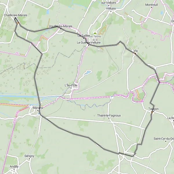 Miniature de la carte de l'inspiration cycliste "Boucle autour de Chaillé-les-Marais" dans la Pays de la Loire, France. Générée par le planificateur d'itinéraire cycliste Tarmacs.app