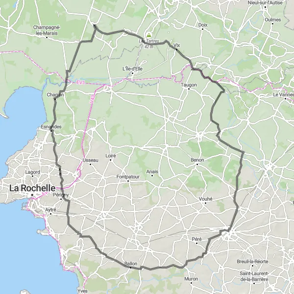 Miniature de la carte de l'inspiration cycliste "La Boucle des Châteaux" dans la Pays de la Loire, France. Générée par le planificateur d'itinéraire cycliste Tarmacs.app