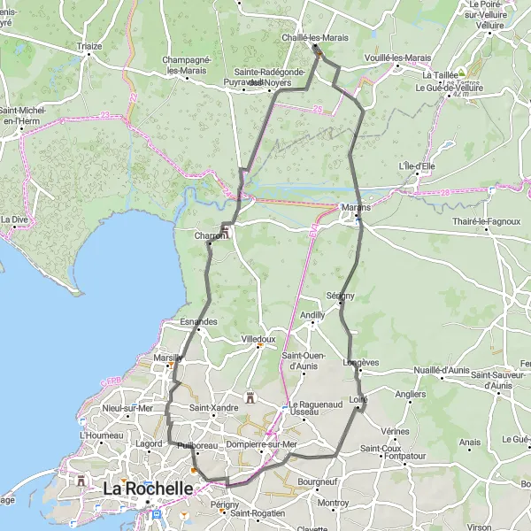 Miniature de la carte de l'inspiration cycliste "Tour des Châteaux de la Charente-Maritime" dans la Pays de la Loire, France. Générée par le planificateur d'itinéraire cycliste Tarmacs.app