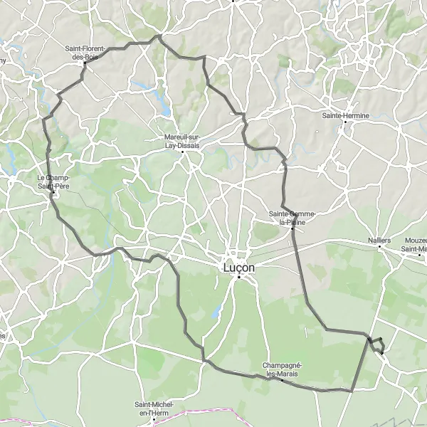Miniature de la carte de l'inspiration cycliste "Tour de la Vendée Sud" dans la Pays de la Loire, France. Générée par le planificateur d'itinéraire cycliste Tarmacs.app