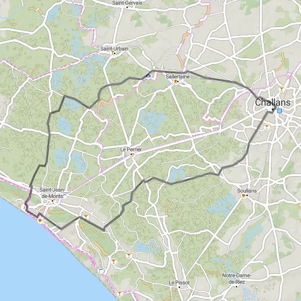 Map miniature of "Road Tour near Challans" cycling inspiration in Pays de la Loire, France. Generated by Tarmacs.app cycling route planner