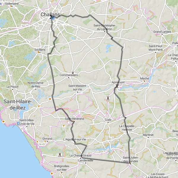 Map miniature of "Diverse Road Cycling Experience near Challans" cycling inspiration in Pays de la Loire, France. Generated by Tarmacs.app cycling route planner