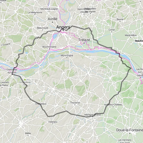 Miniature de la carte de l'inspiration cycliste "Circuit de la Vallée de l'Authion" dans la Pays de la Loire, France. Générée par le planificateur d'itinéraire cycliste Tarmacs.app