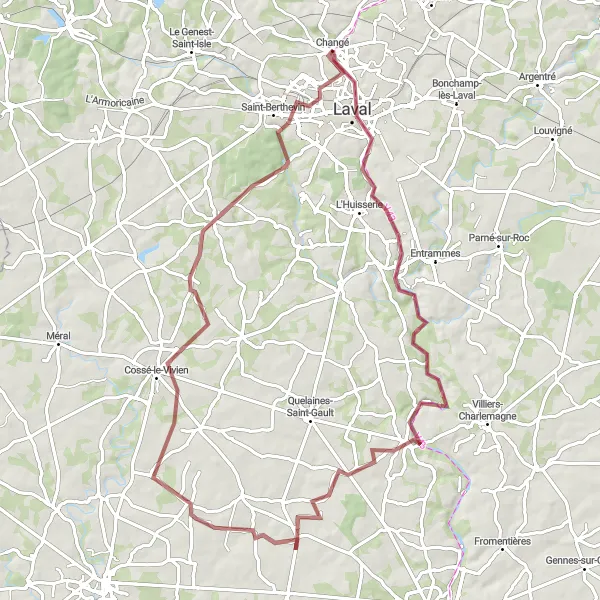 Miniature de la carte de l'inspiration cycliste "La Boucle des Vallées" dans la Pays de la Loire, France. Générée par le planificateur d'itinéraire cycliste Tarmacs.app