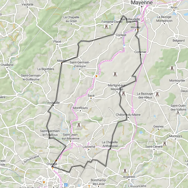 Miniature de la carte de l'inspiration cycliste "Les Collines du Maine" dans la Pays de la Loire, France. Générée par le planificateur d'itinéraire cycliste Tarmacs.app