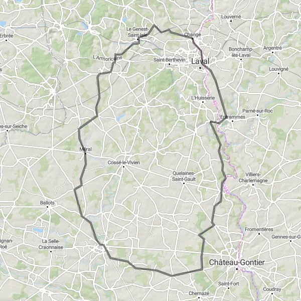 Map miniature of "The Laval Loop" cycling inspiration in Pays de la Loire, France. Generated by Tarmacs.app cycling route planner