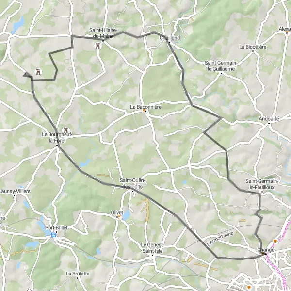 Map miniature of "Charming Towns and Rolling Hills" cycling inspiration in Pays de la Loire, France. Generated by Tarmacs.app cycling route planner