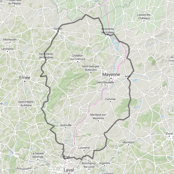 Map miniature of "The Gorron Grand Tour" cycling inspiration in Pays de la Loire, France. Generated by Tarmacs.app cycling route planner