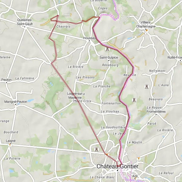 Map miniature of "The Loigné-sur-Mayenne Gravel Route" cycling inspiration in Pays de la Loire, France. Generated by Tarmacs.app cycling route planner