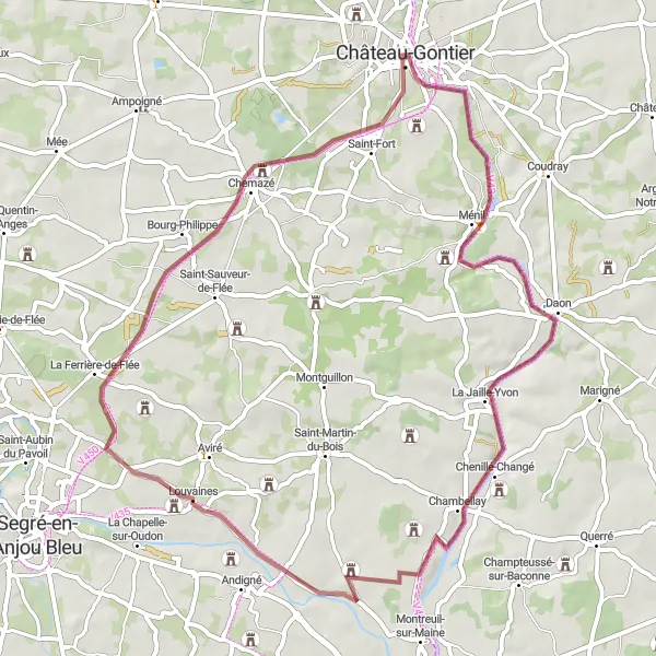 Map miniature of "The Louvaines Gravel Loop" cycling inspiration in Pays de la Loire, France. Generated by Tarmacs.app cycling route planner