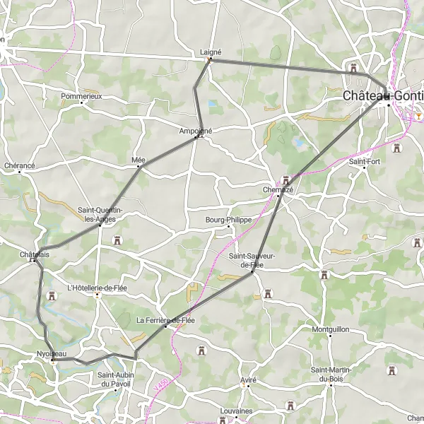 Map miniature of "Saint-Sauveur-de-Flée and Châtelais Road Loop" cycling inspiration in Pays de la Loire, France. Generated by Tarmacs.app cycling route planner