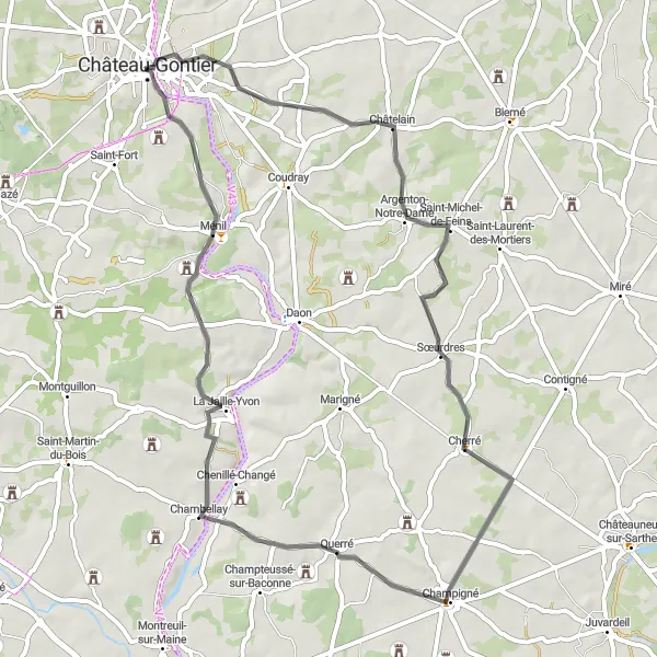 Map miniature of "The Sœurdres Road Loop" cycling inspiration in Pays de la Loire, France. Generated by Tarmacs.app cycling route planner