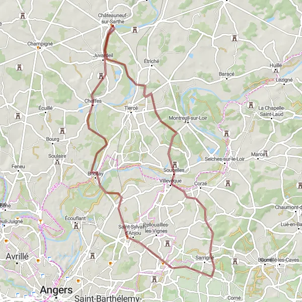 Map miniature of "Soucelles Gravel Adventure" cycling inspiration in Pays de la Loire, France. Generated by Tarmacs.app cycling route planner
