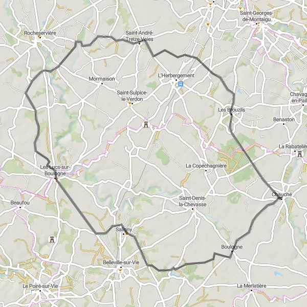 Map miniature of "Chauché to Boulogne Loop" cycling inspiration in Pays de la Loire, France. Generated by Tarmacs.app cycling route planner