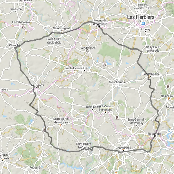 Miniature de la carte de l'inspiration cycliste "Boucle historique de Chauché" dans la Pays de la Loire, France. Générée par le planificateur d'itinéraire cycliste Tarmacs.app
