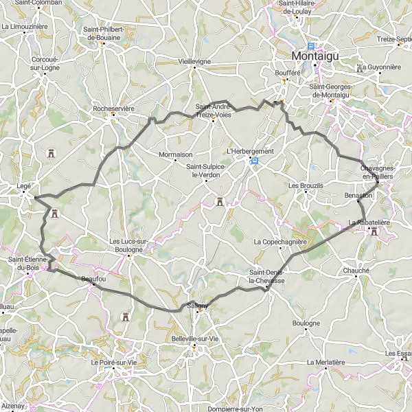 Miniature de la carte de l'inspiration cycliste "Route de la Chevasse" dans la Pays de la Loire, France. Générée par le planificateur d'itinéraire cycliste Tarmacs.app