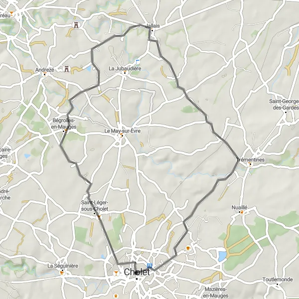 Map miniature of "Bégrolles-en-Mauges Circuit" cycling inspiration in Pays de la Loire, France. Generated by Tarmacs.app cycling route planner