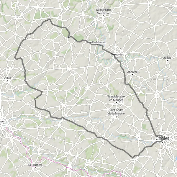 Map miniature of "Beaupréau Exploration" cycling inspiration in Pays de la Loire, France. Generated by Tarmacs.app cycling route planner