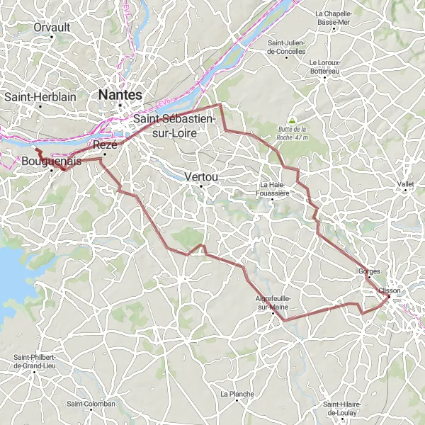 Miniature de la carte de l'inspiration cycliste "Aventure entre Clisson et Rezé" dans la Pays de la Loire, France. Générée par le planificateur d'itinéraire cycliste Tarmacs.app