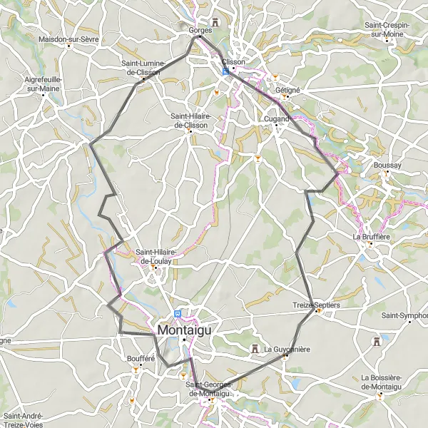 Miniature de la carte de l'inspiration cycliste "Circuit de Clisson à Remouillé" dans la Pays de la Loire, France. Générée par le planificateur d'itinéraire cycliste Tarmacs.app