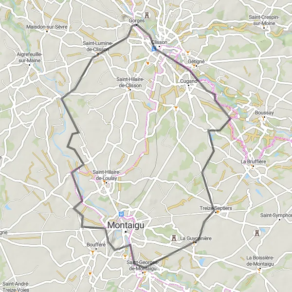 Map miniature of "The Clisson Circuit" cycling inspiration in Pays de la Loire, France. Generated by Tarmacs.app cycling route planner