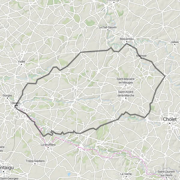 Miniature de la carte de l'inspiration cycliste "Boucle entre Tillières et Cugand" dans la Pays de la Loire, France. Générée par le planificateur d'itinéraire cycliste Tarmacs.app