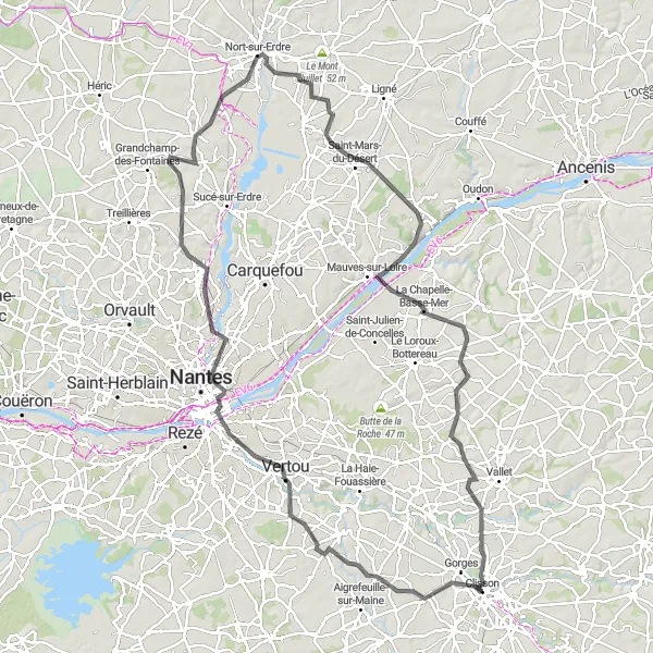 Miniature de la carte de l'inspiration cycliste "Circuit de Clisson à Mouzillon" dans la Pays de la Loire, France. Générée par le planificateur d'itinéraire cycliste Tarmacs.app
