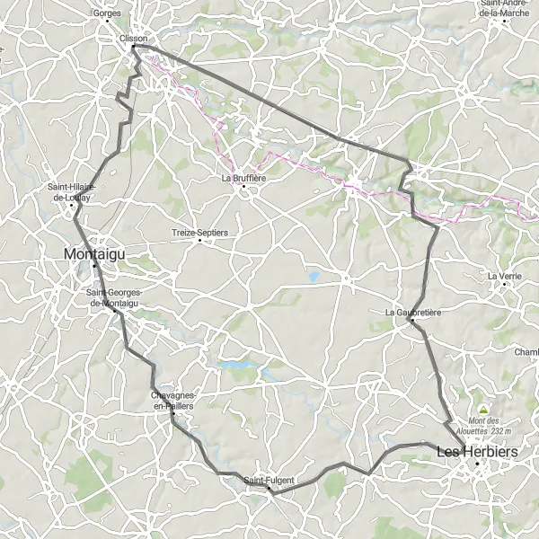 Miniature de la carte de l'inspiration cycliste "Tour pittoresque à travers la campagne" dans la Pays de la Loire, France. Générée par le planificateur d'itinéraire cycliste Tarmacs.app